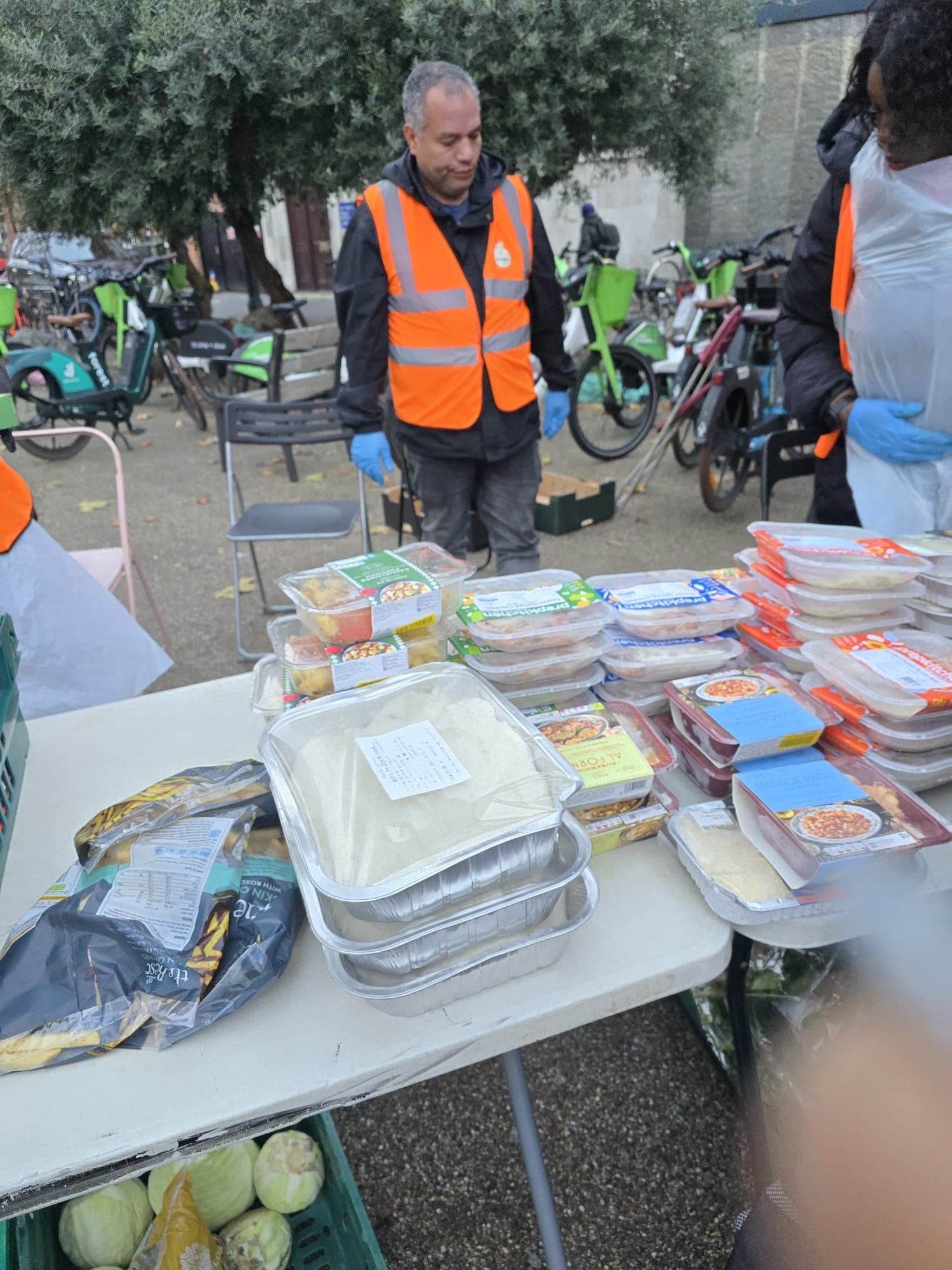 Outdoor Community Food Distribution - Prepared meals and volunteers coordinating