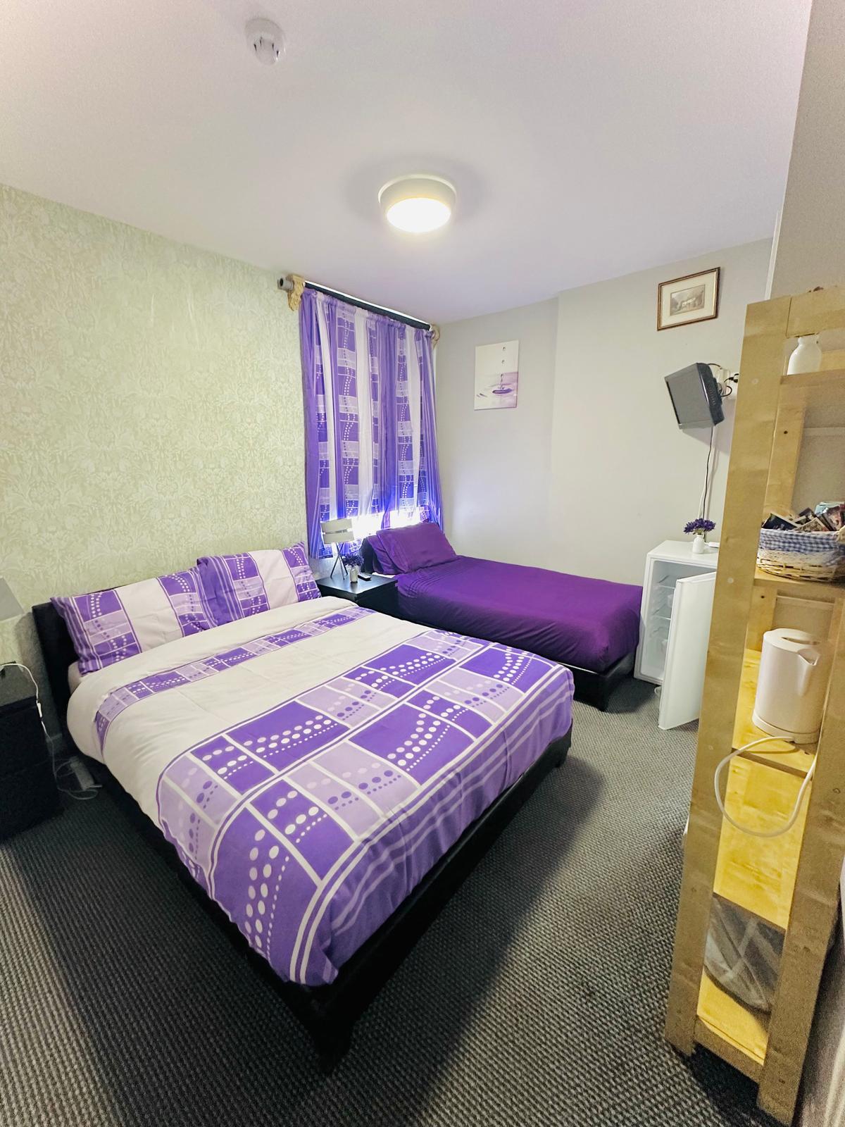 Comfortable bedroom with purple decor and twin beds