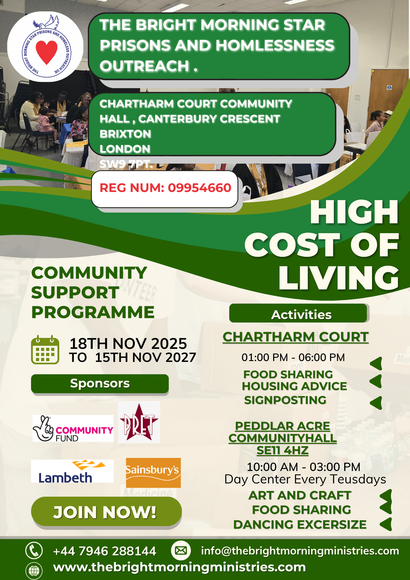 The Bright Morning Star High Cost of Living Community Support Programme - Funded by National Lottery Community Fund for 2 years (18th Nov 2025 to 15th Nov 2027). Activities at Chartharm Court Community Hall, Canterbury Crescent Brixton and Peddlar Acre Community Hall SE11 4HZ. Sponsors include National Lottery Community Fund, Lambeth, and Sainsbury's.